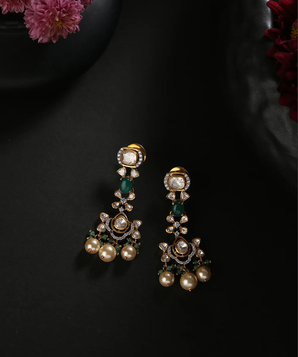 Rachita_Handcrafted_Pure_Silver_Earrings_With_Moissanite_Polki_And_Emeralds_WeaverStory_01