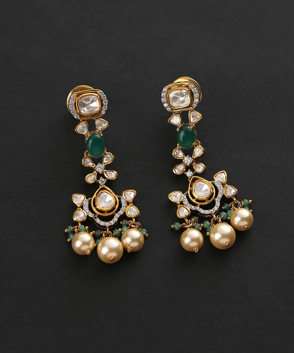 Rachita_Handcrafted_Pure_Silver_Earrings_With_Moissanite_Polki_And_Emeralds_WeaverStory_02