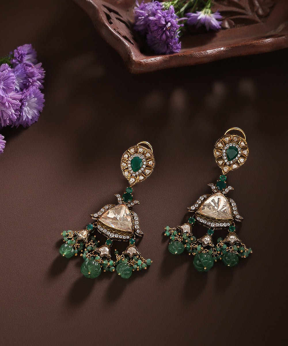 Rudainah_Pure_Silver_Moissanite_Polki_Earrings_With_Emeralds_Beads_WeaverStory_01