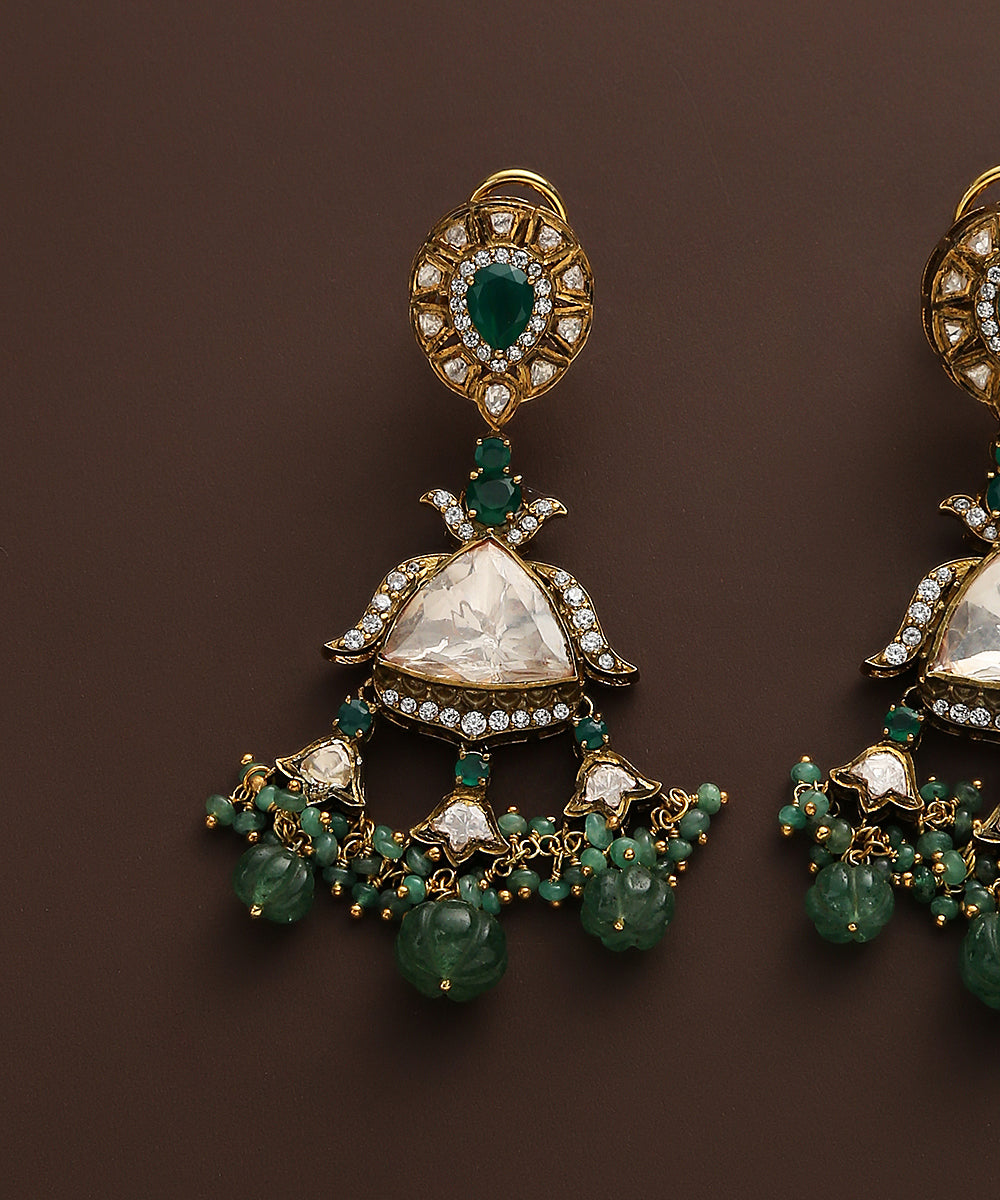 Rudainah_Pure_Silver_Moissanite_Polki_Earrings_With_Emeralds_Beads_WeaverStory_03