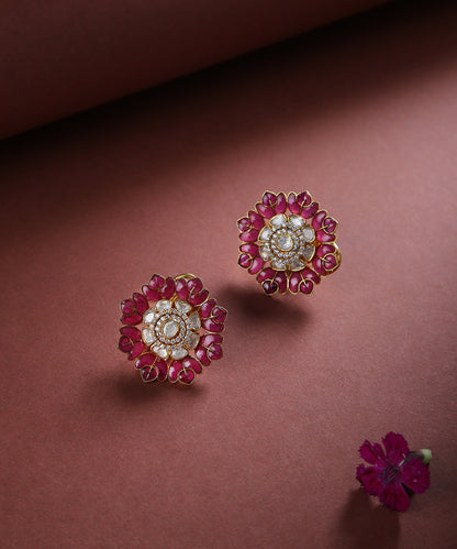 Gulbaag_Pink_Handcrafted_Moissanite_Polki_Pure_Silver_Stud_Earring_WeaverStory_01