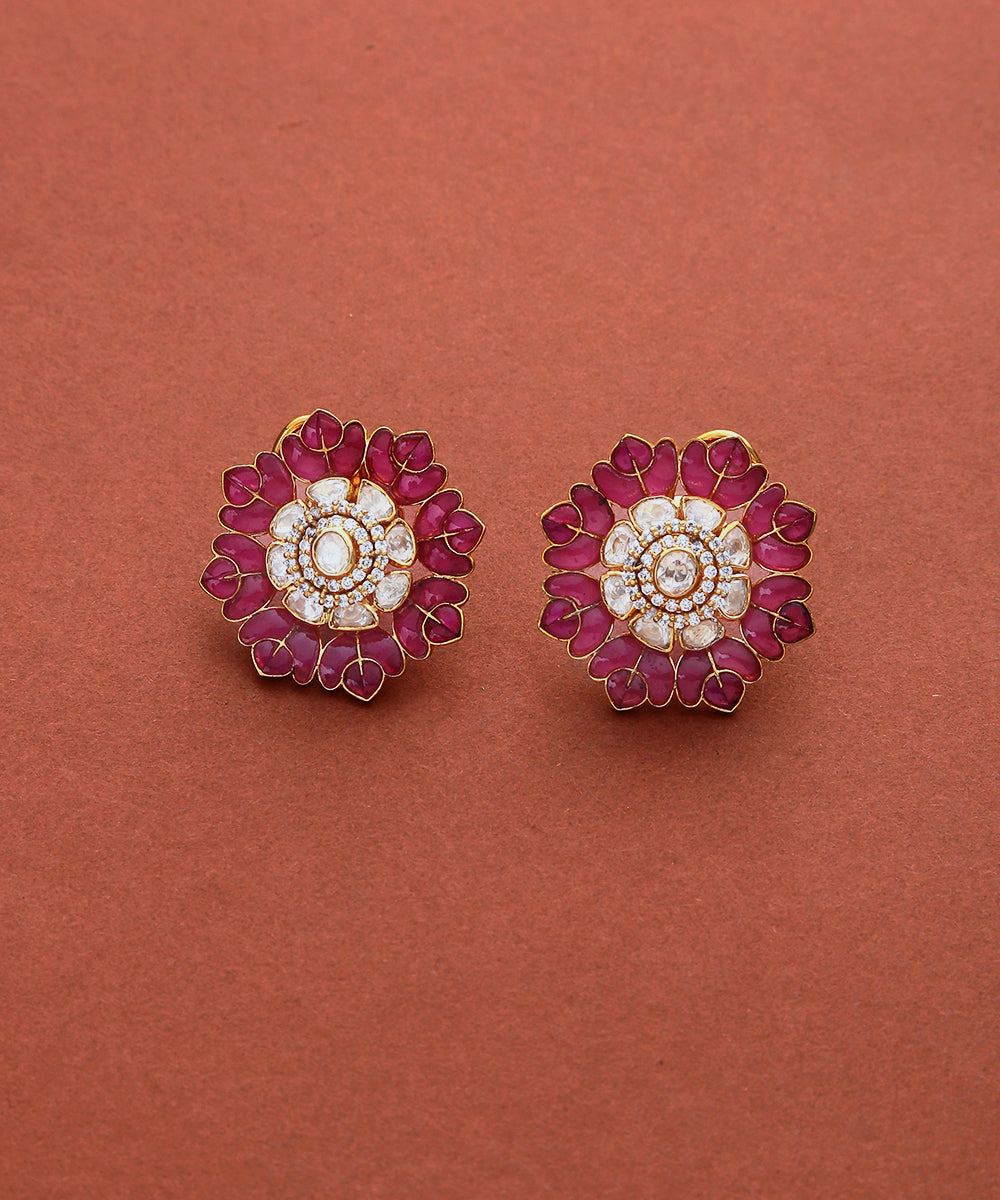 Gulbaag_Pink_Handcrafted_Moissanite_Polki_Pure_Silver_Stud_Earring_WeaverStory_02