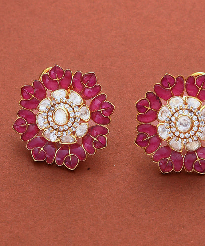 Gulbaag_Pink_Handcrafted_Moissanite_Polki_Pure_Silver_Stud_Earring_WeaverStory_03