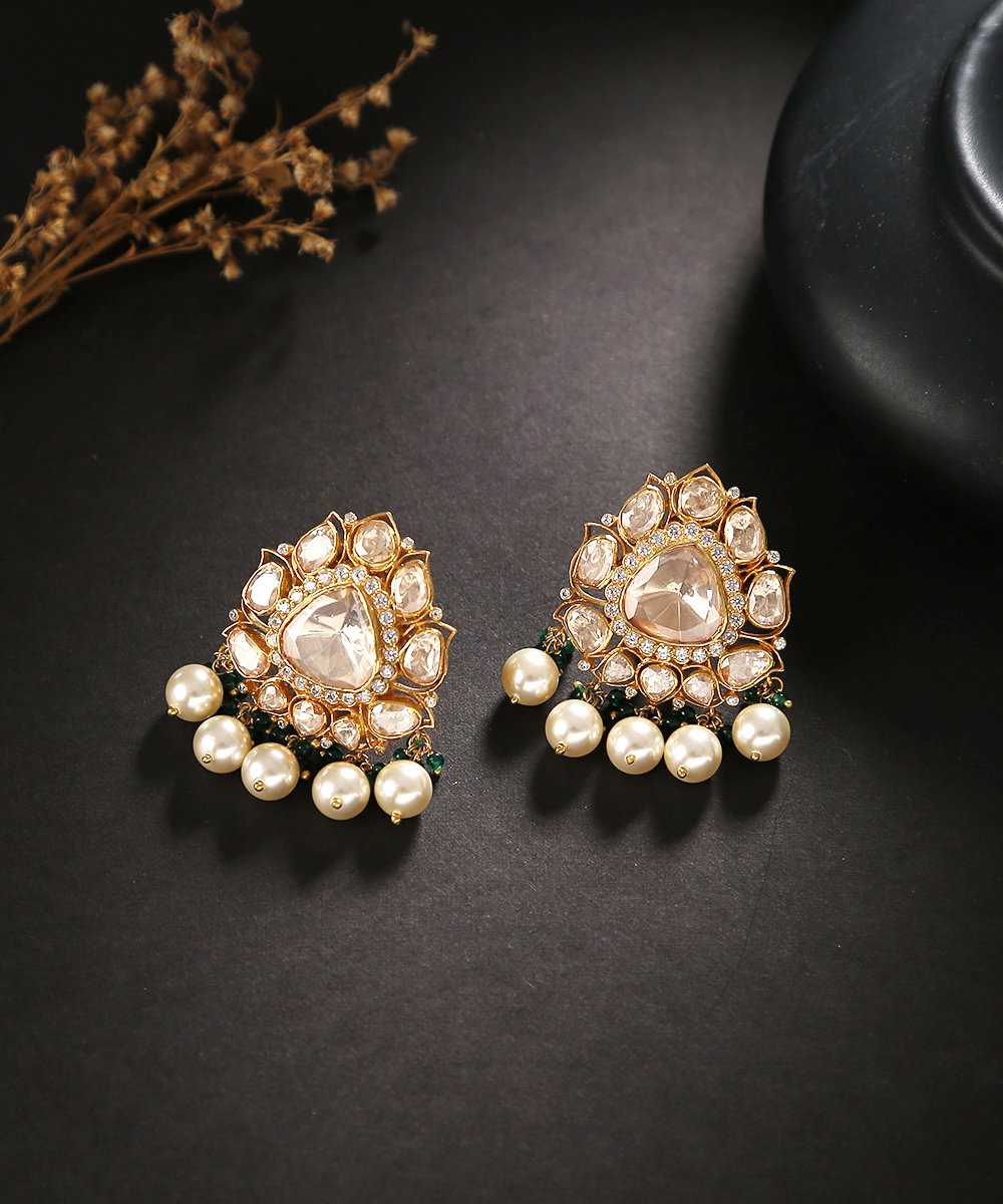 Handcrafted_Moissanite_Polki_Studs_with_Pearl_Hanging_WeaverStory_01