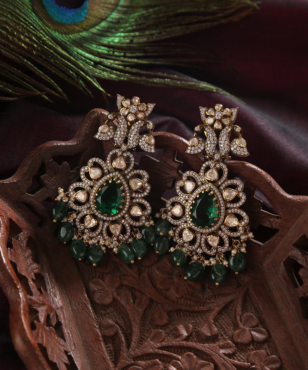 Arwa_Handcrafted_Pure_Silver_Earrings_With_Moissanite_Polki,_Swarovski_And_Emeralds_WeaverStory_01