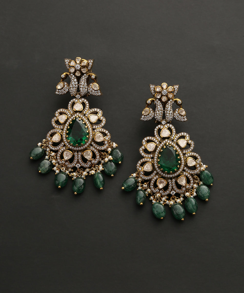 Arwa_Handcrafted_Pure_Silver_Earrings_With_Moissanite_Polki,_Swarovski_And_Emeralds_WeaverStory_02