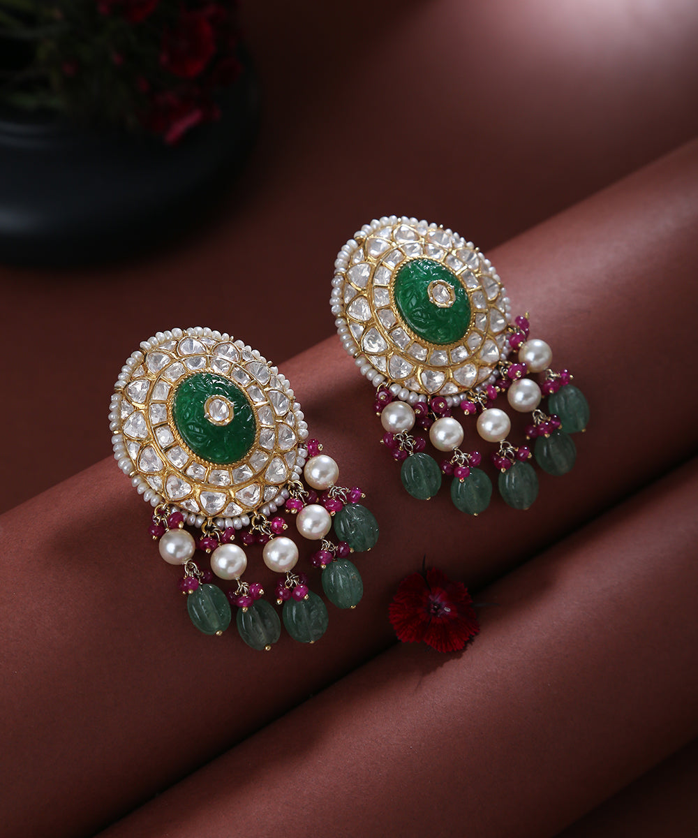 Mariam_Stud_Moissanite_Polki_Earring_with_Pure_Silver_and_Droplets_WeaverStory_01