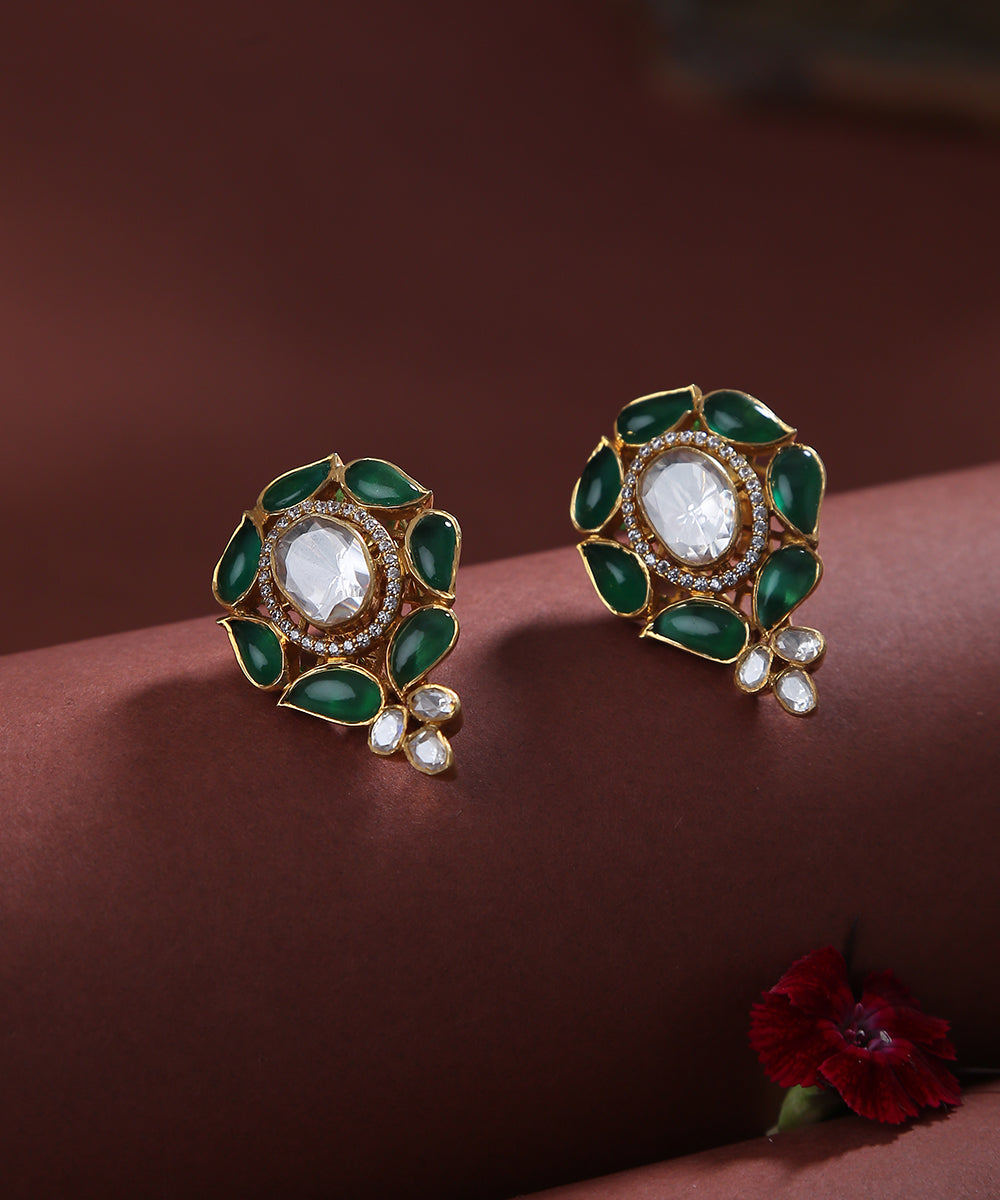 Nafisa_Green_Emerald_Stud_Earrings_with_Moissanite_Polki_and_Pure_Silver_WeaverStory_01