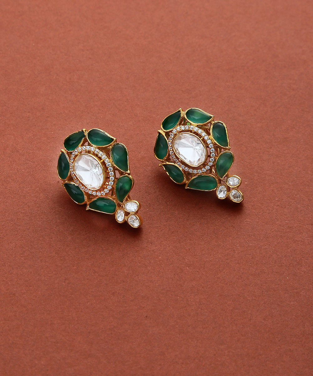 Nafisa_Green_Emerald_Stud_Earrings_with_Moissanite_Polki_and_Pure_Silver_WeaverStory_02