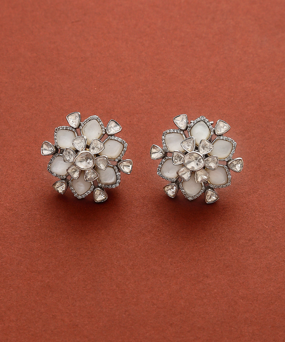 Phool_Stud_Earring_Handcrafted_With_Moissanite_Polki_and_Pure_Silver_WeaverStory_02