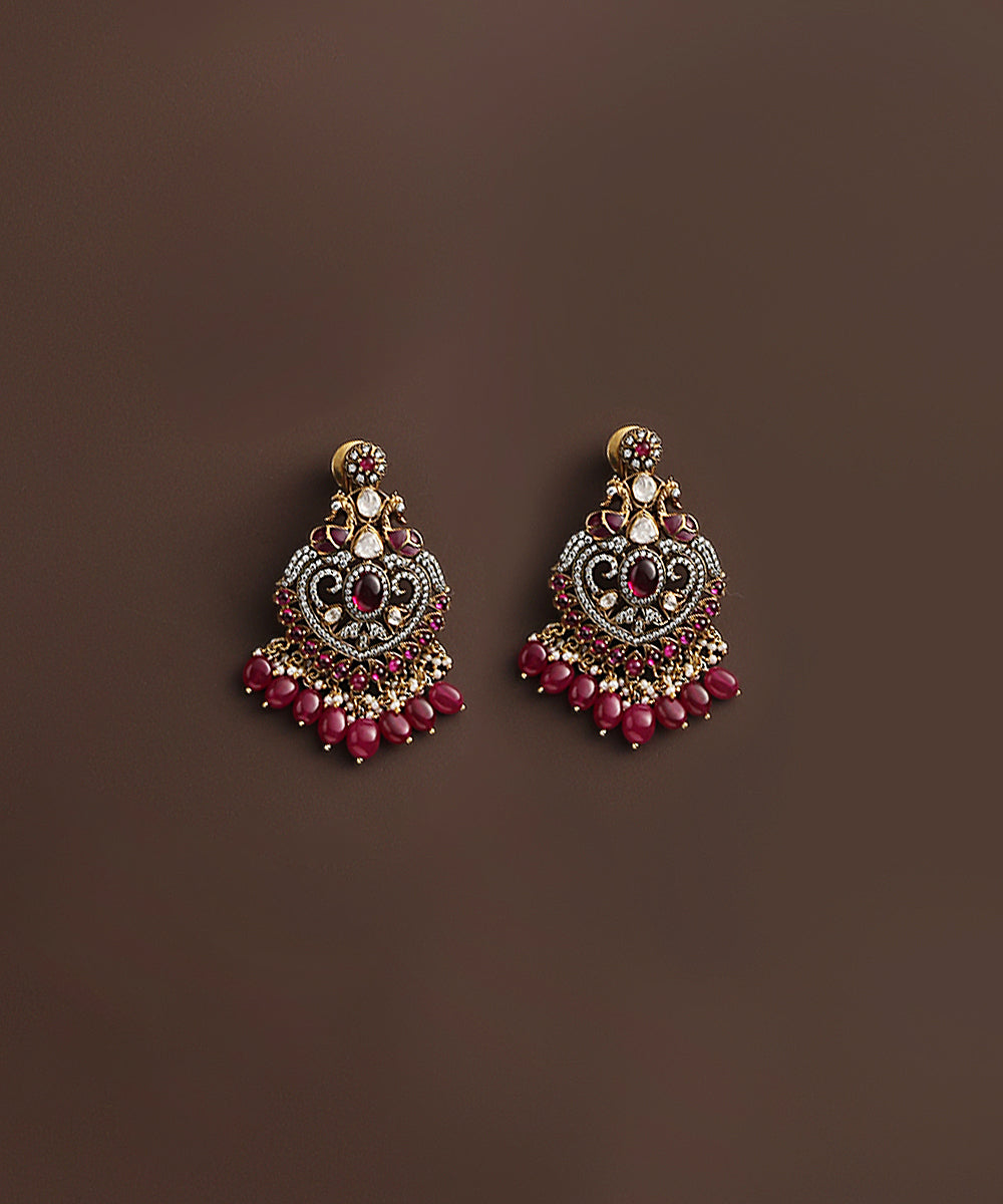 Prisha_Pure_Silver_Earrings_Handcrafted_With_Moissanite_Polki_And_Ruby_WeaverStory_02