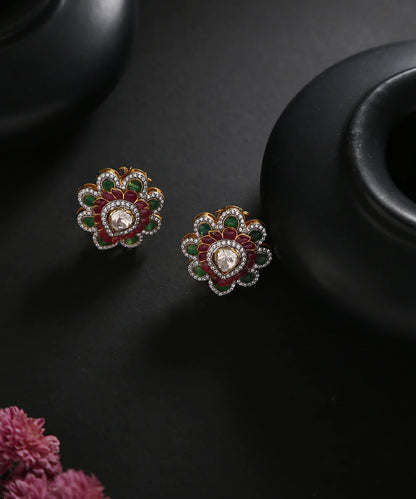 Vamika_Pure_Silver_Studs_Handcrafted_Earrings_With_Emrelds_And_Ruby_WeaverStory_01