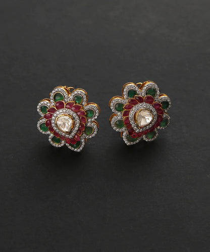 Vamika_Pure_Silver_Studs_Handcrafted_Earrings_With_Emrelds_And_Ruby_WeaverStory_02