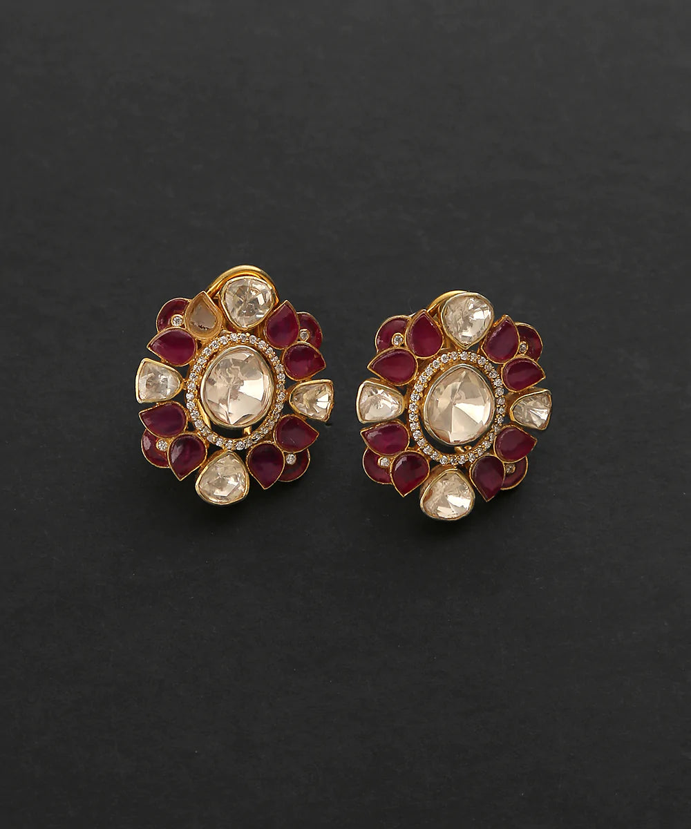 Trisha_Handcrafted_Pure_Silver_Studs_With_Moissanite_Polki_And_Ruby_WeaverStory_02