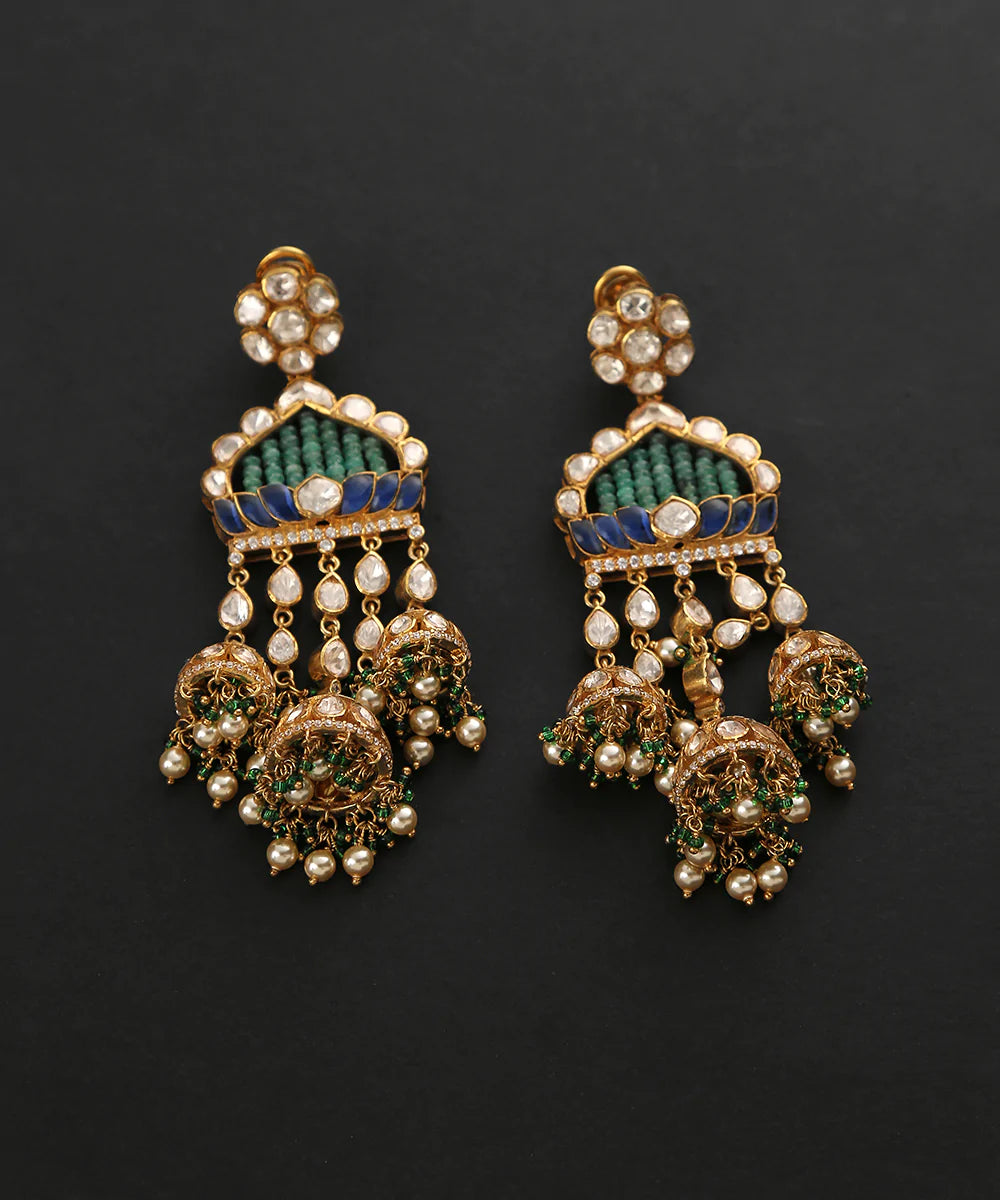 Avni_Moissanite_Polki_Earrings_Handcrafted_In_Pure_Silver_With_Emeralds_And_Pearls_WeaverStory_02