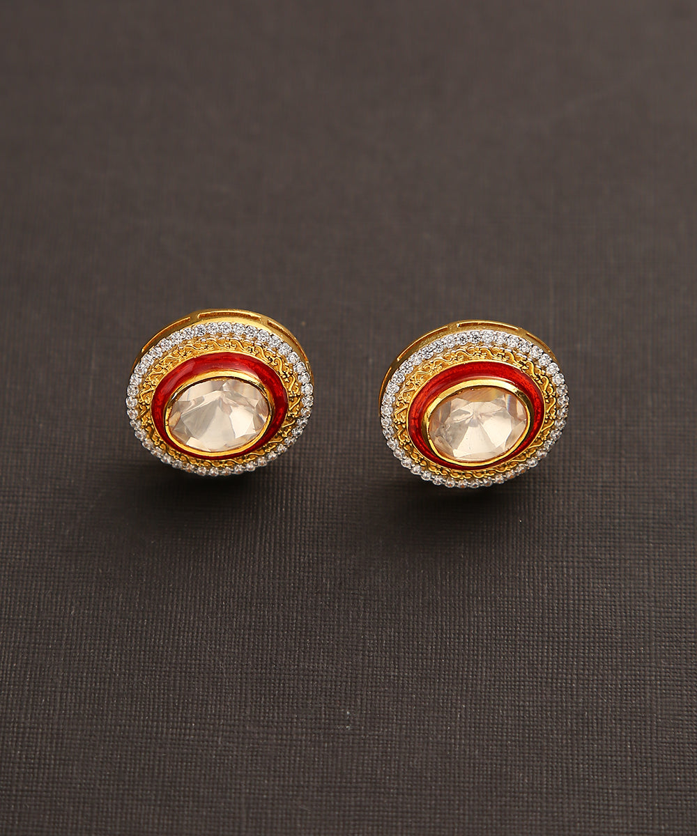 Saba_Handcrafted_Pure_Silver_Stud_Earrings_With_Moissanite_Polki_With_Red_Enamel_WeaverStory_02