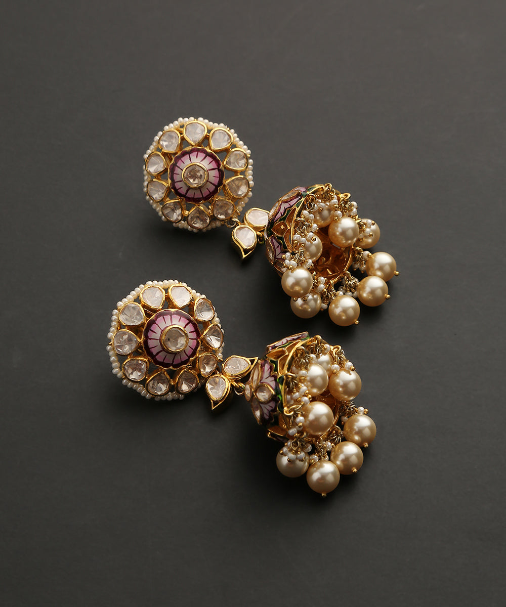 Arisha_Earrings_With_Moissanite_Polki,_Enamel_And_Pearls_Handcrafted_in_Pure_Silver_WeaverStory_02