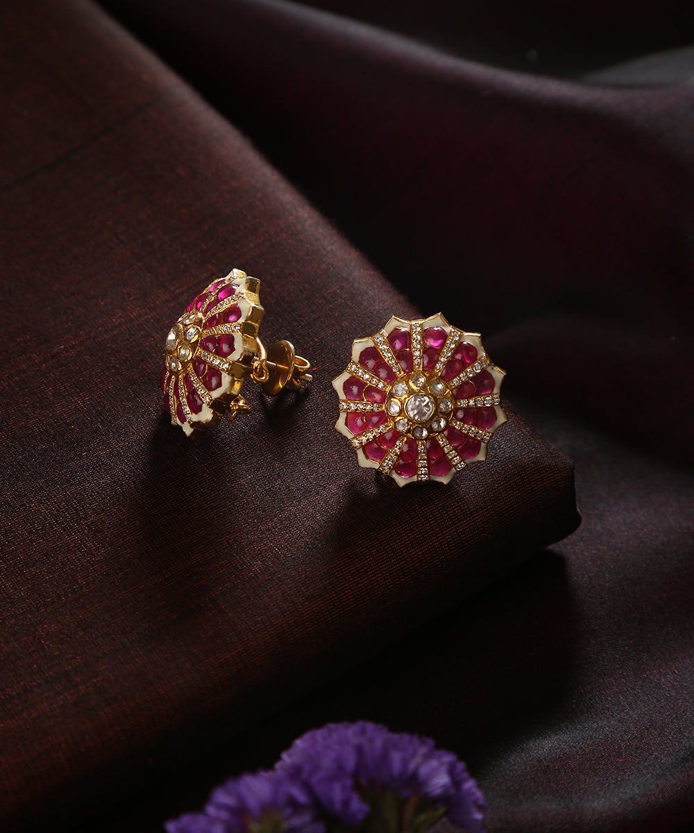 Rida_Stud_Earrings_With_Moissanite_Polki_And_Pink_Stones_Handcrafted_in_Pure_Silver_WeaverStory_01