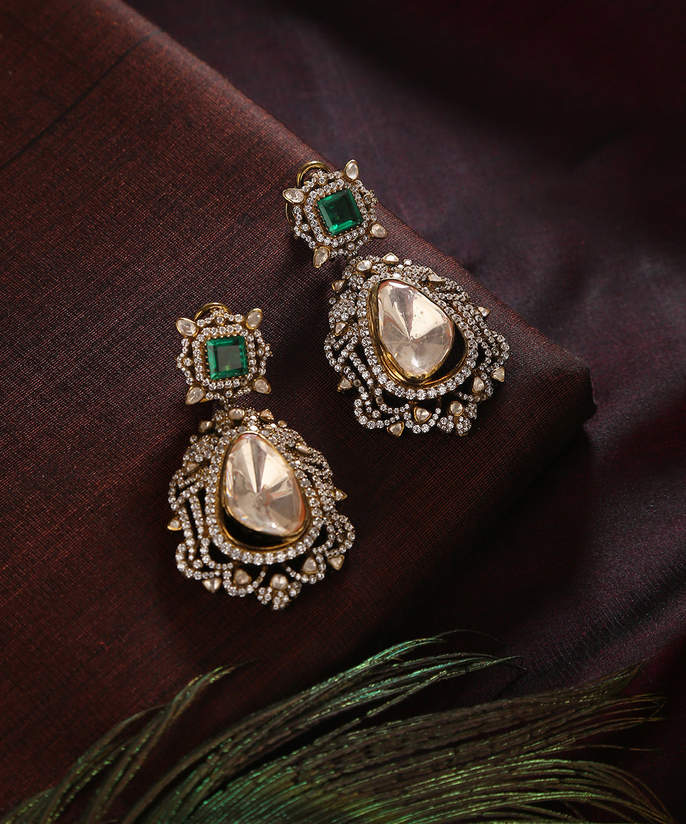 Tahira_Handcrafted_Pure_Silver_Earrings_With_Moissanite_Polki,_Emeralds_And_Stones_WeaverStory_01
