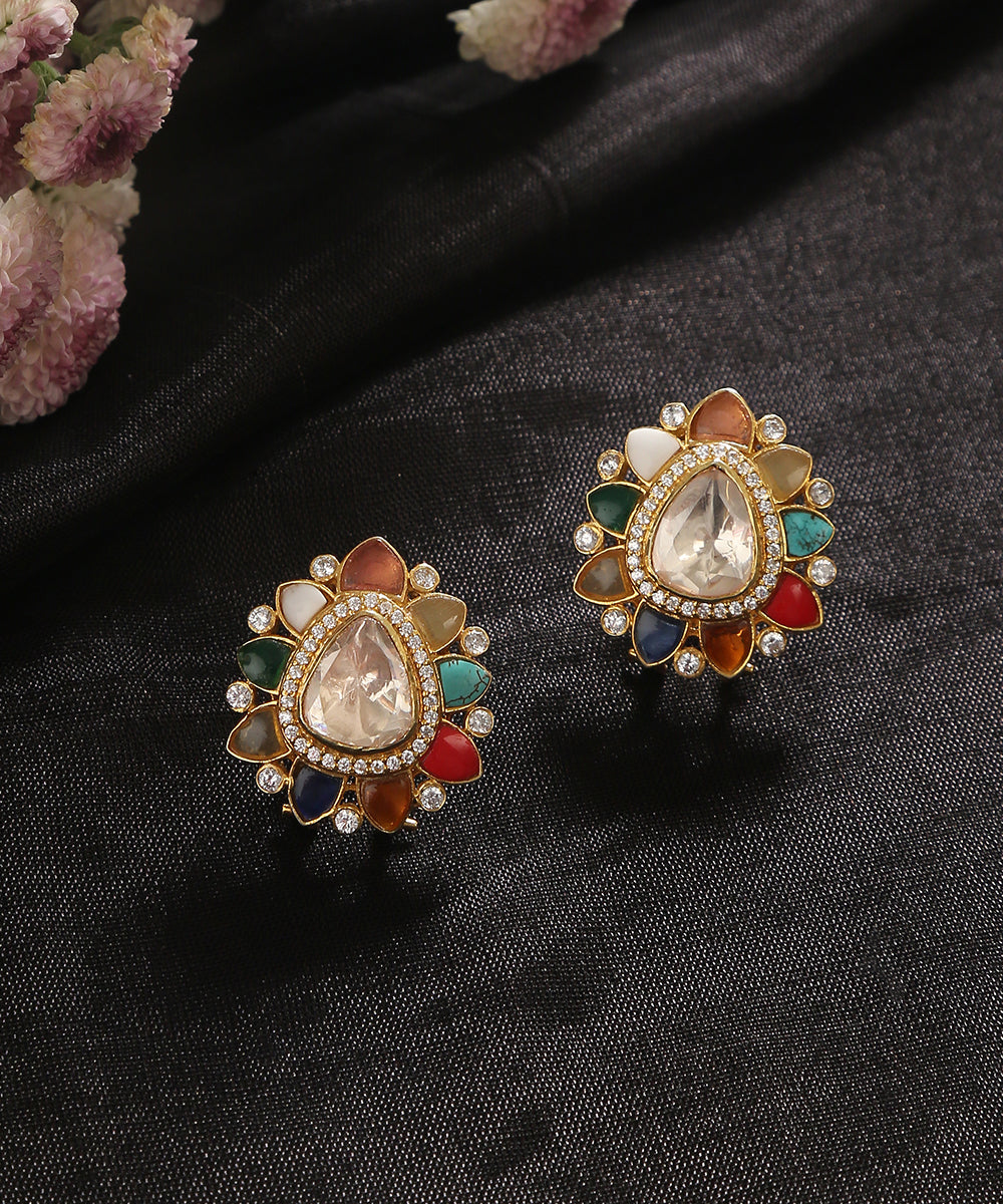 Hayed_Handcrafted_Pure_Silver_Earrings_With_Navratan_Stones_WeaverStory_01