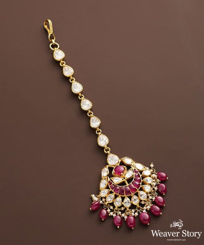 Nirvikar_Pure_Silver_Moissanite_Polki_Maang_Tika_With_Ruby_Beads_WeaverStory_02