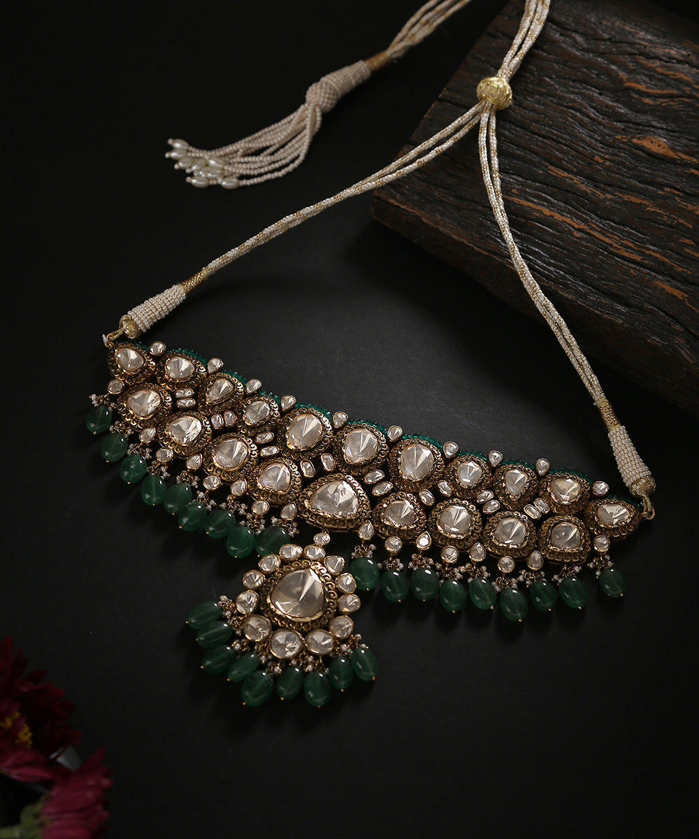 Mugdha_Handcrafted_Pure_Silver_Necklace_With_Moissanite_Polki_And_Emeralds_WeaverStory_01