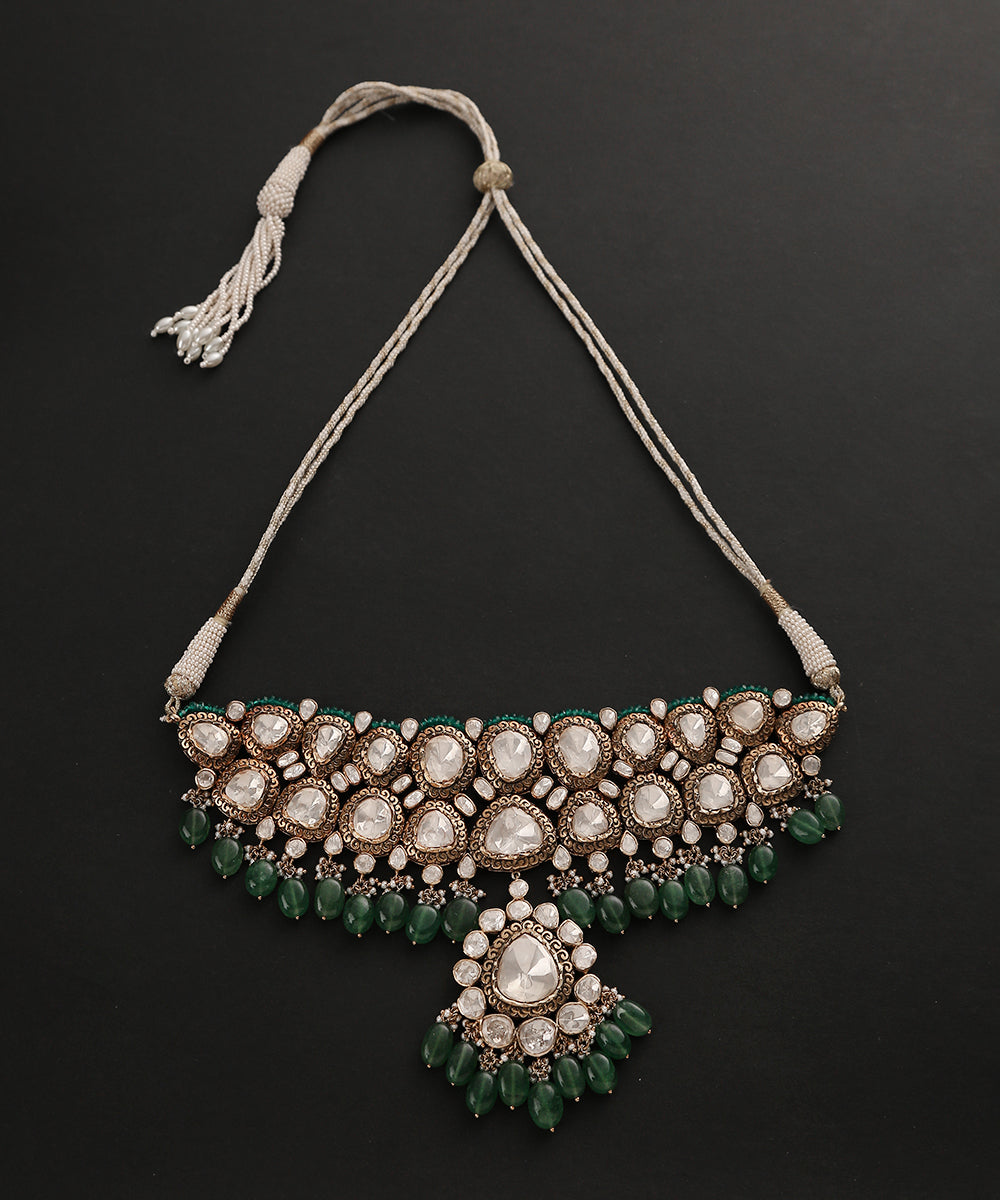 Mugdha_Handcrafted_Pure_Silver_Necklace_With_Moissanite_Polki_And_Emeralds_WeaverStory_02