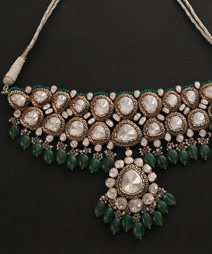 Mugdha_Handcrafted_Pure_Silver_Necklace_With_Moissanite_Polki_And_Emeralds_WeaverStory_03