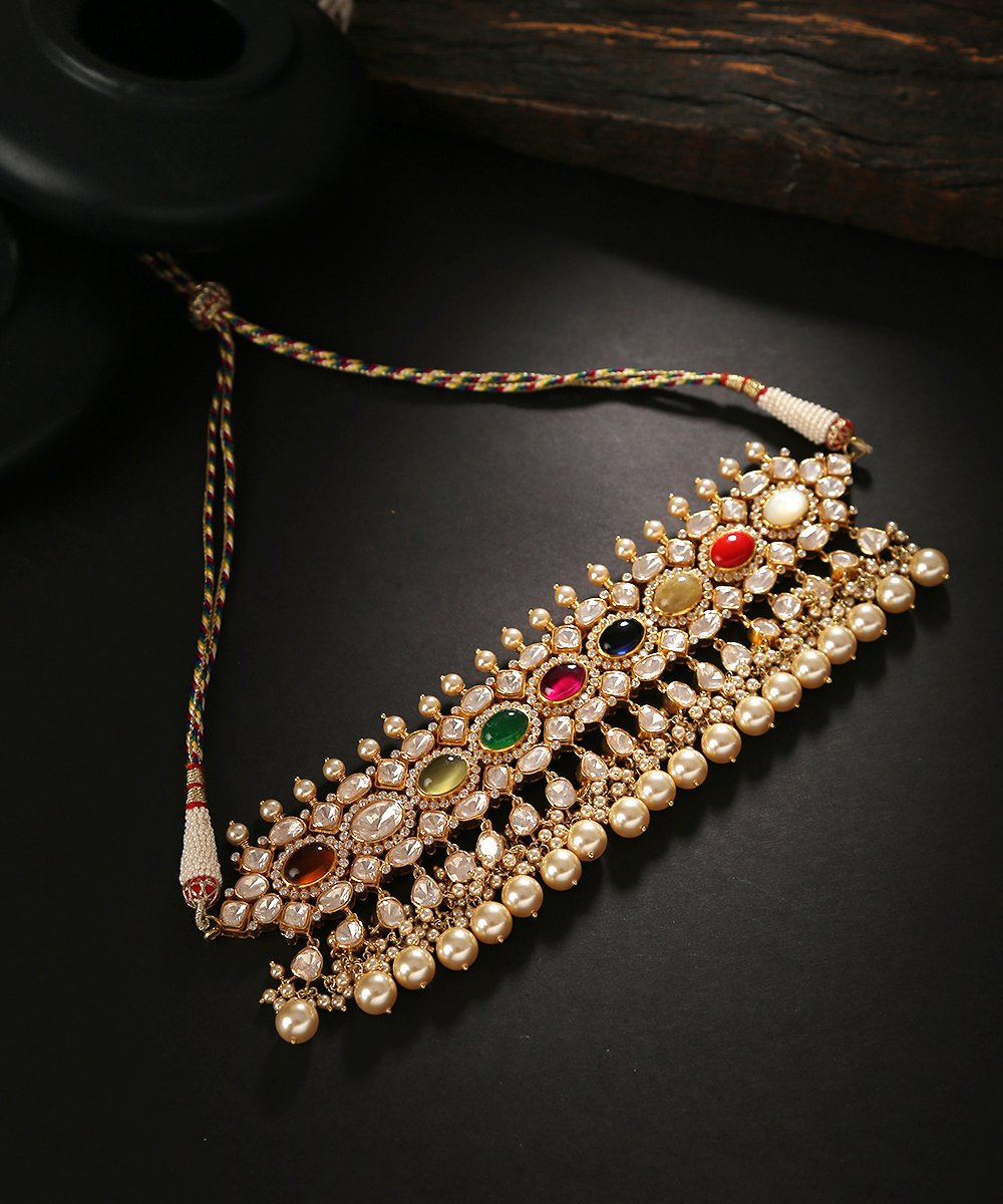 Navrishi_Moissanite_Polki_and_Pearl_Multi_Color_Handcrafted_Pure_Silver_Choker_WeaverStory_01