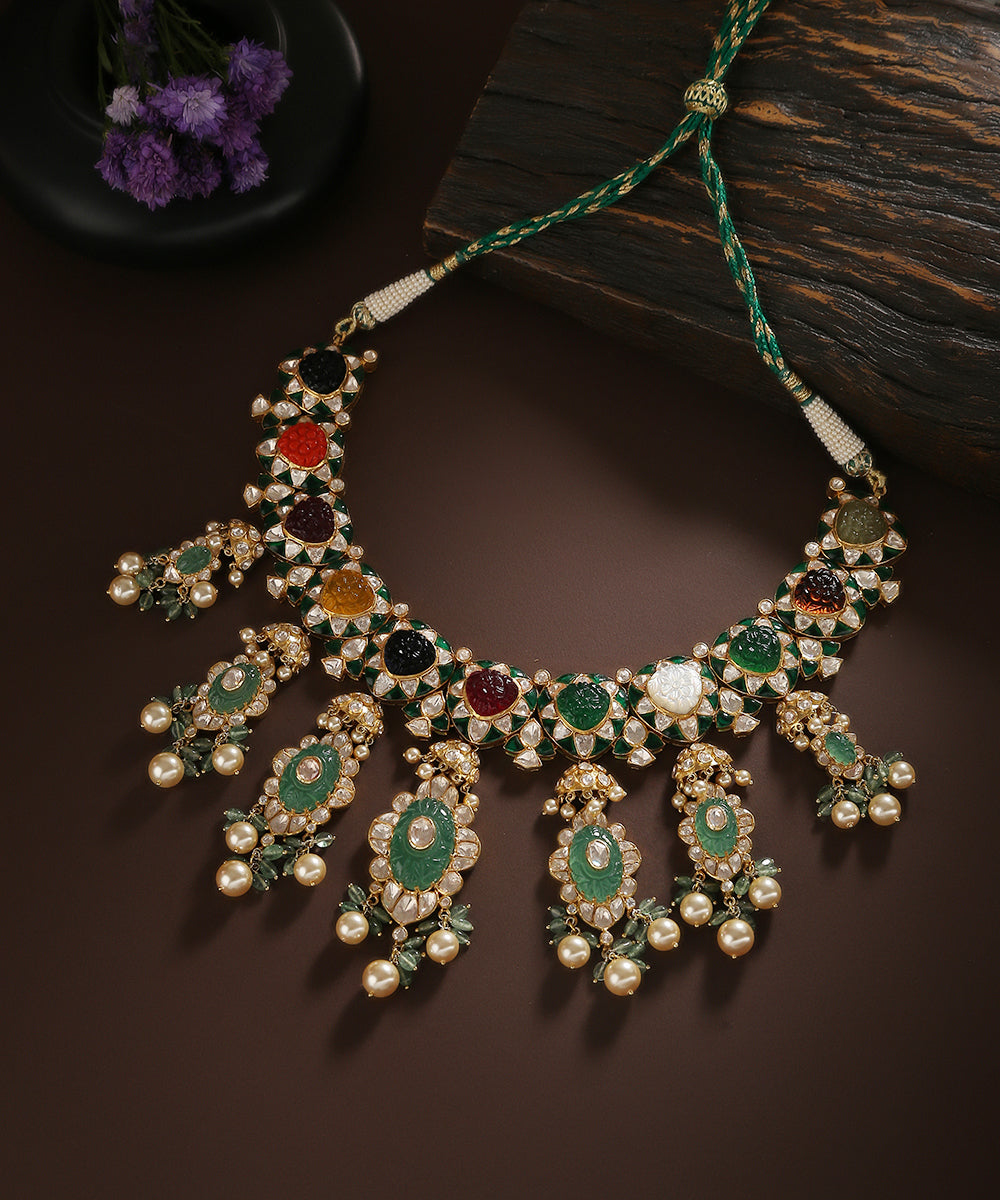 Miraya_Pure_Silver_Necklace_Handcrafted_With_Moissanite_Polki_And_Emeralds_WeaverStory_01
