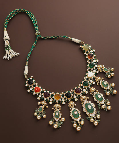 Miraya_Pure_Silver_Necklace_Handcrafted_With_Moissanite_Polki_And_Emeralds_WeaverStory_02