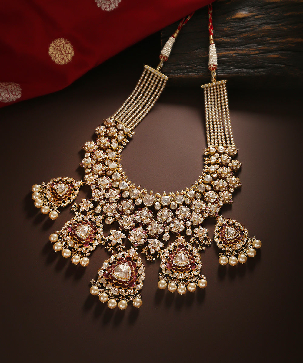 Dhruvi_Pure_Silver_Necklace_Handcrafted_With_Moissanite_Polki_And_Pearls_WeaverStory_01