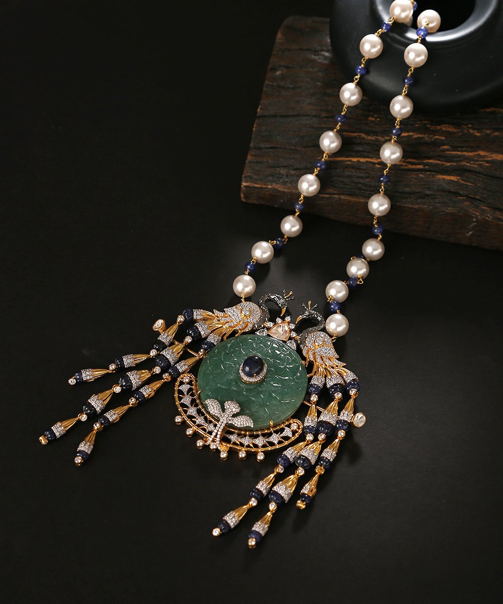 Mayura_Pure_Silver_Green_Moissanite_Necklace_with_Pearl_Hangings_WeaverStory_01