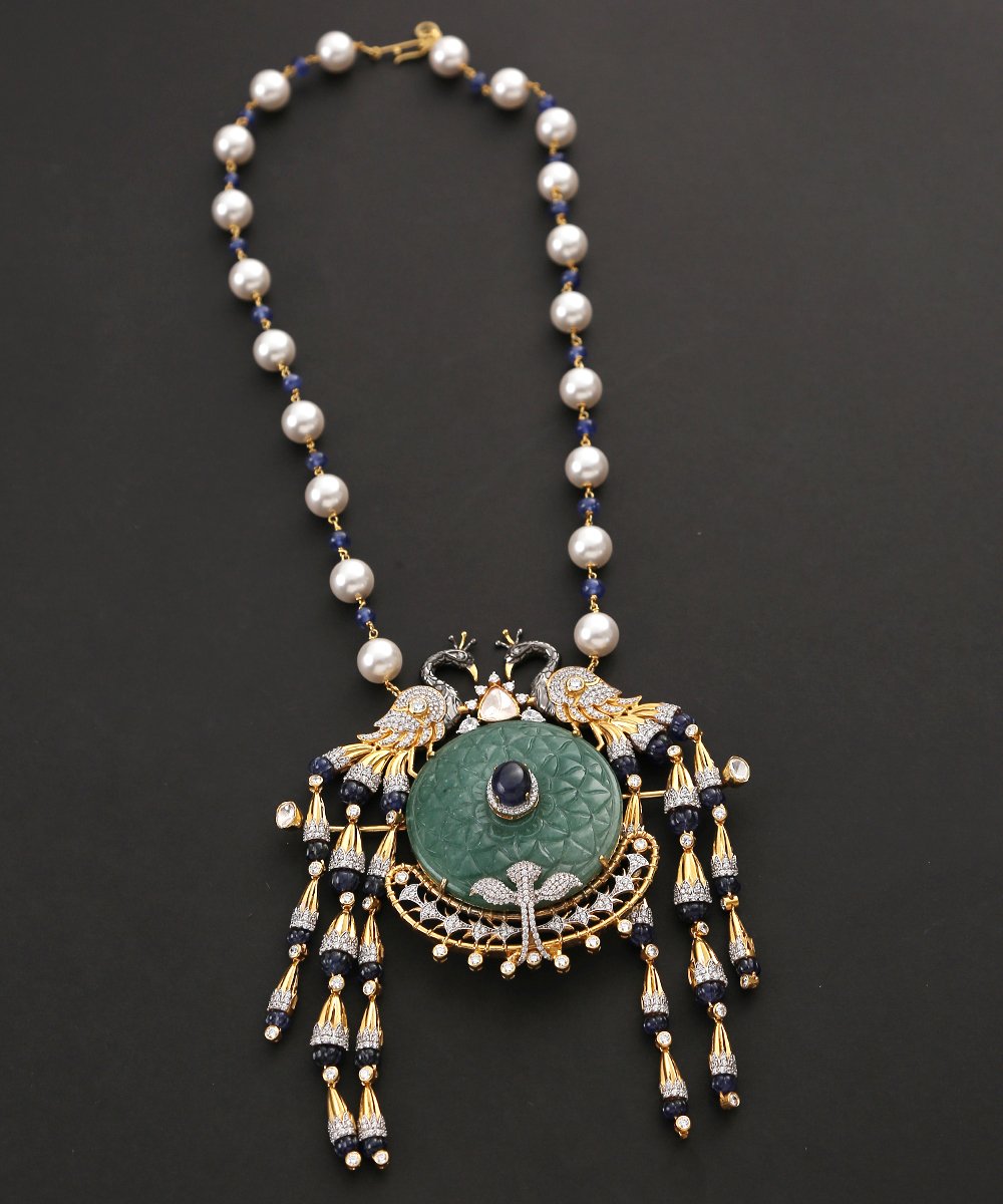 Mayura_Pure_Silver_Green_Moissanite_Necklace_with_Pearl_Hangings_WeaverStory_02