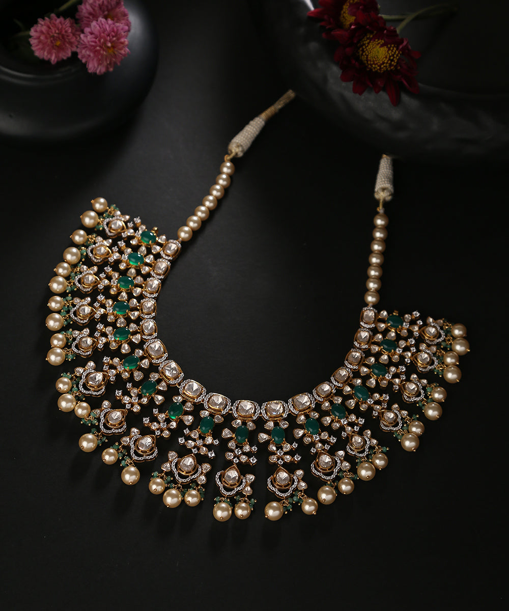 Rachita_Moissanite_Polki_Necklace_Handcrafted_In_Pure_Silver_With_Pearls_Hangings_WeaverStory_01