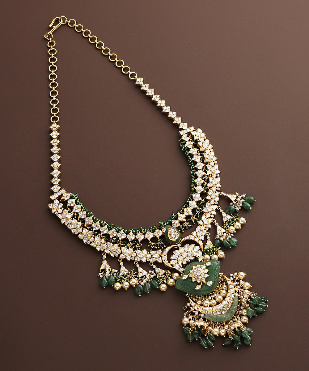 Basma_Moissanite_Polki_Necklace_Handcrafted_In_Pure_Silver_With_Emeralds_And_Pearls_WeaverStory_02