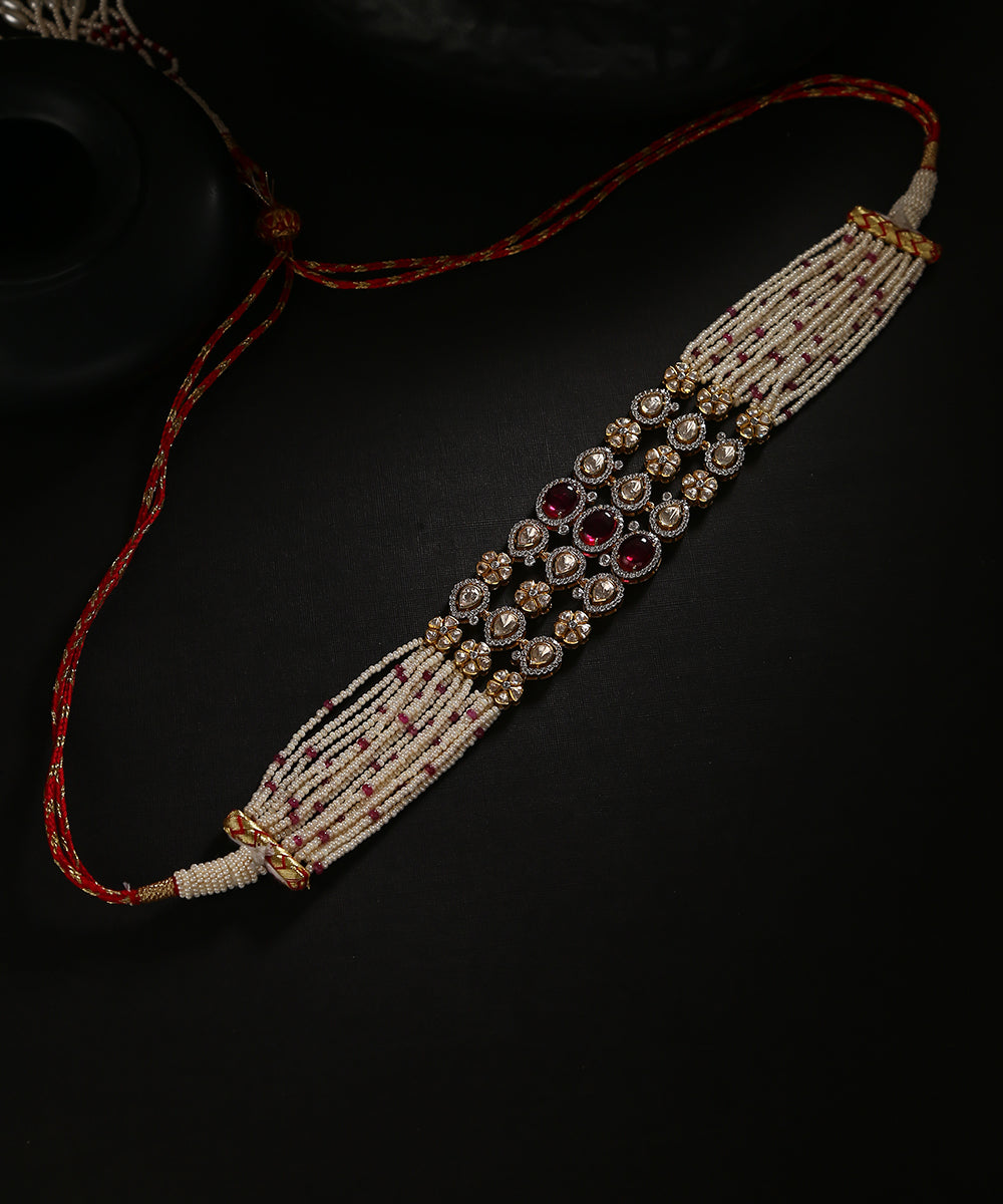 Mahnoor_Handcrafted_Pure_Silver_Choker_Necklace_With_Moissanite_Polki_And_Ruby_WeaverStory_01