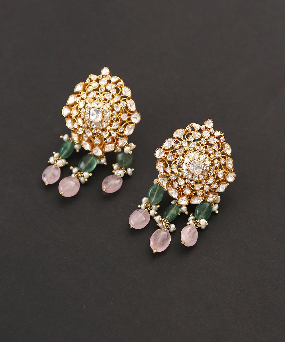Green_Pure_Silver_Moissanite_Polki_Earrings_with_Pink_and_Green_Hangings_WeaverStory_02