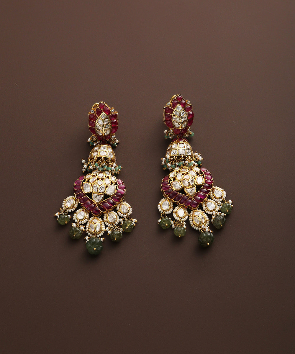 Asira_Moissanite_Polki_Earrings_With_Emeralds_And_Ruby_In_Pure_Silver_WeaverStory_02