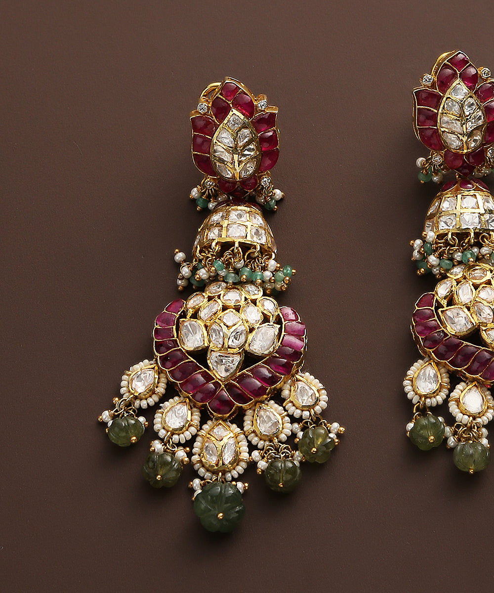 Asira_Moissanite_Polki_Earrings_With_Emeralds_And_Ruby_In_Pure_Silver_WeaverStory_03