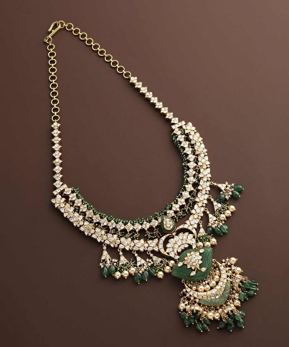 Basma_Moissanite_Polki_Necklace_Set_Handcrafted_In_Pure_Silver_With_Emeralds_And_Pearls_WeaverStory_03