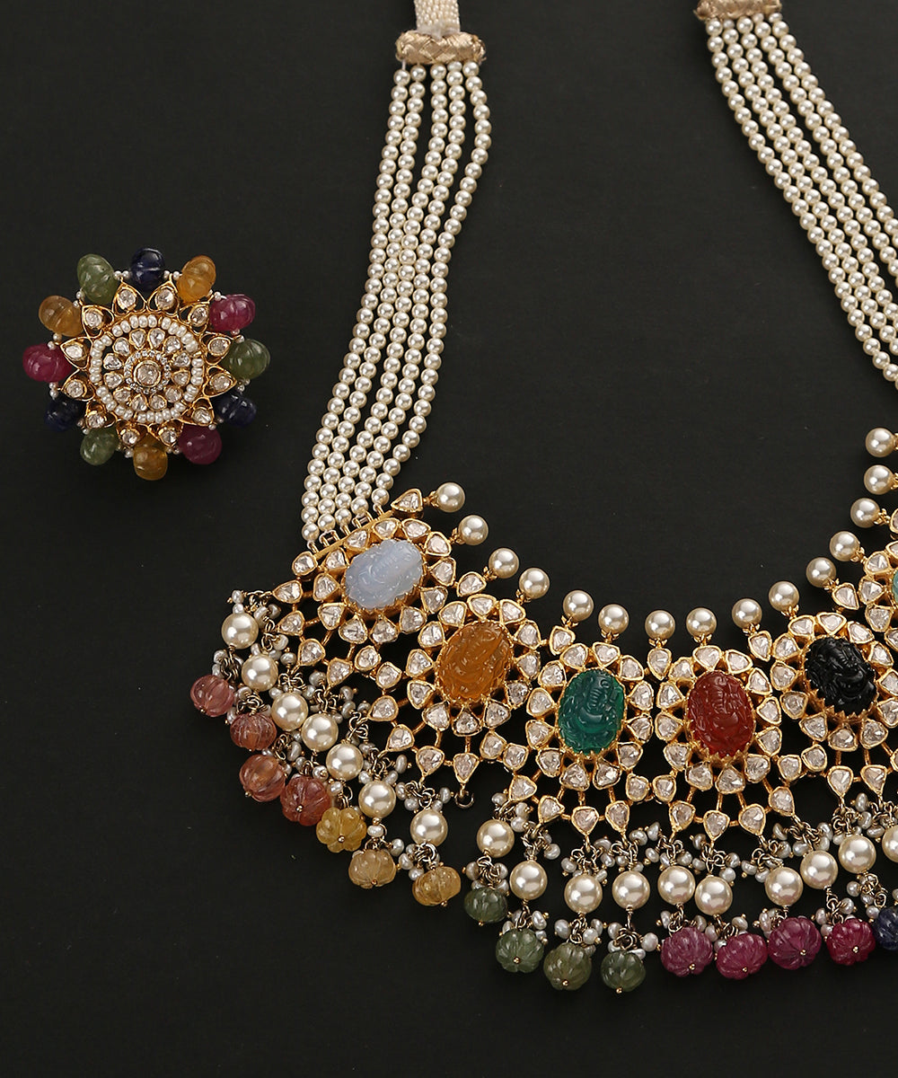 Buy Multi Color Embellished Navaratna Stone Necklace Set by Ishhaara Online  at Aza Fashions.
