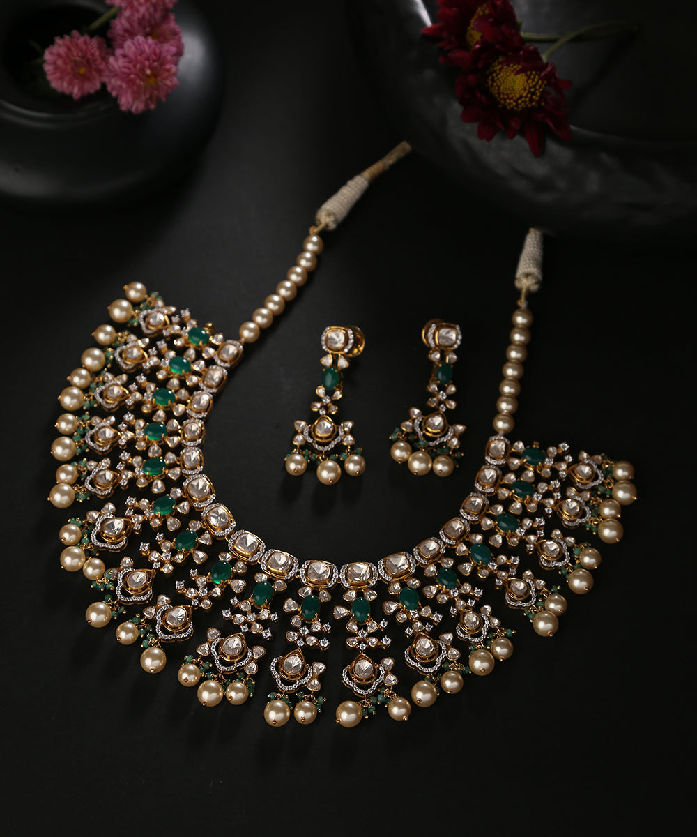 Rachita_Handcrafted_Pure_Silver_Necklace_Set_With_Moissanite_Polki_And_Emeralds_WeaverStory_01
