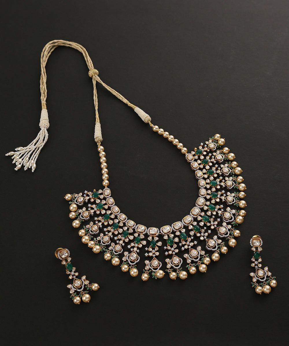 Rachita_Handcrafted_Pure_Silver_Necklace_Set_With_Moissanite_Polki_And_Emeralds_WeaverStory_02