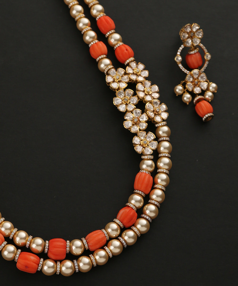 Buy quality Orange Coral Flowers and Green Jade Leaves Necklace Set JNC0015  in Hyderabad