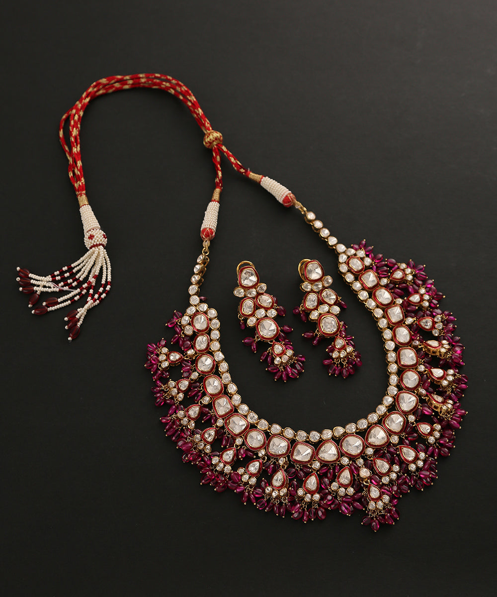 Abhaya Handcrafted Pure Silver Necklace Set With Moissanite Polki And Ruby