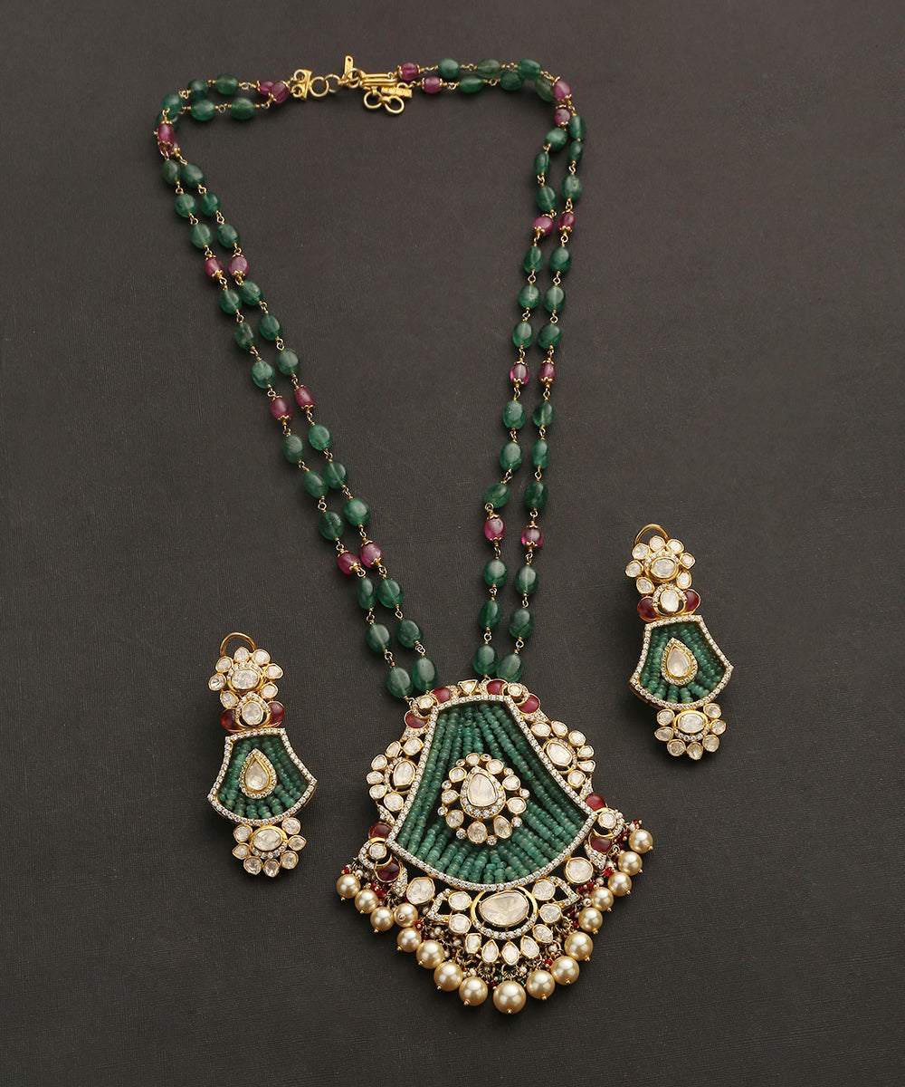 Tarini_Handcrafted_Pure_Silver_Pendant_Necklace_Set_With_Moissanite_Polki_And_Emeralds_WeaverStory_02