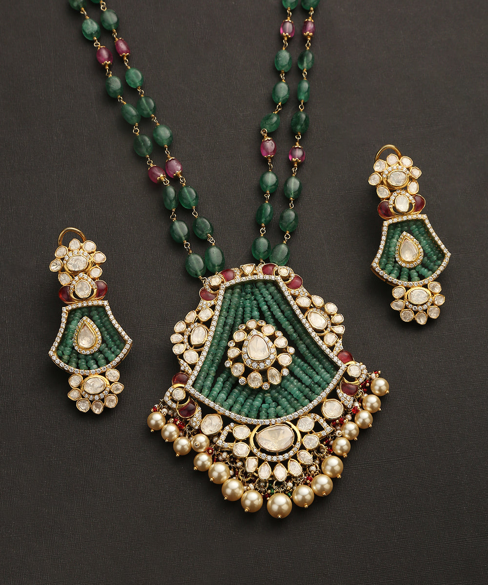 Tarini_Handcrafted_Pure_Silver_Pendant_Necklace_Set_With_Moissanite_Polki_And_Emeralds_WeaverStory_03