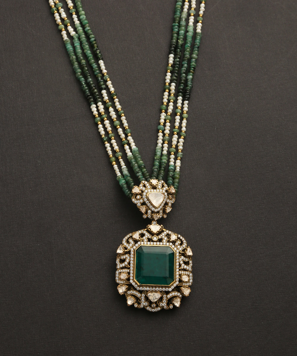 Agira_Handcrafted_Pure_Silver_Pendant_Necklace_With_Emeralds_And_Moissanite_Polki_WeaverStory_03