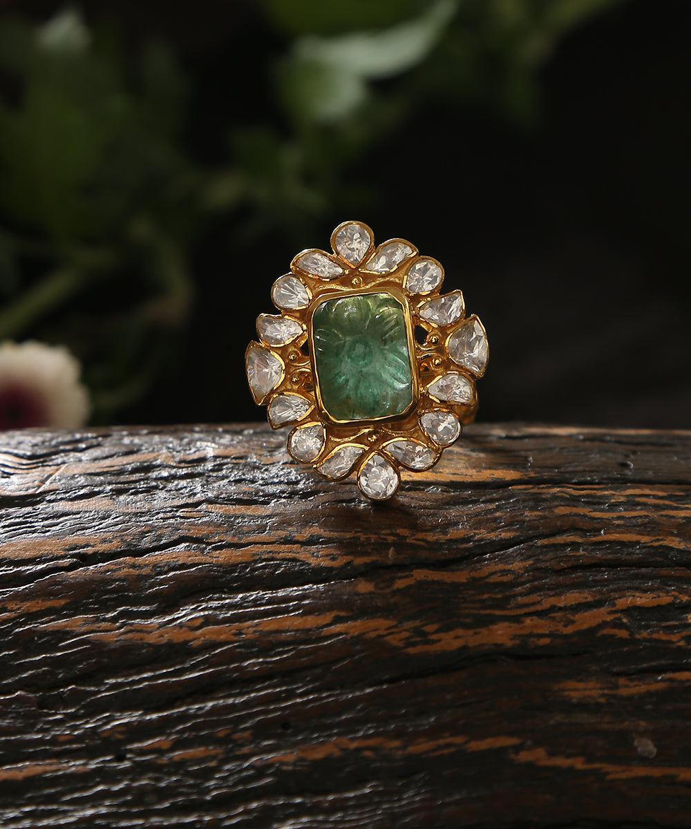 Diara_Handcrafted_Pure_Silver_Ring_With_Emeralds_And_Moissanite_Polki_WeaverStory_01